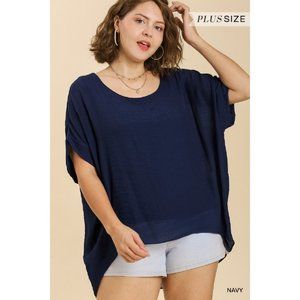 Umgee Plus Navy Short Dolman Sleeve Sheer Rounded Neck Top